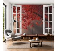 Papel Pintado Panorámico, 350x250cm Fotomurales Apertura Ventana Mediante Simulación 3D Papel Pintado Fotográfico Reino Secreto Hoja Arce Roja Decoración de Pared para Salón Dormitorio, Burdeos