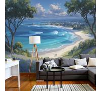 Papel Pintado Panorámico 350X256Cm Bosque De Playa Natural De Seda Papel Pintado Decoración De Pared Fotográfico Azul Verdoso Ilustración De Paisaje Dormitorio Sala Tv Fondo Decorativos Murales