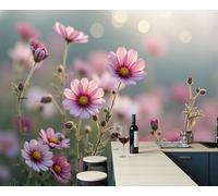 Papel Pintado Panorámico 350X256Cm Cosmos Primaveral De Ensueño De Seda Papel Pintado Decoración De Pared Fotográfico Verde Oscuro Paisaje Vegetal Dormitorio Sala Tv Fondo Decorativos Murales