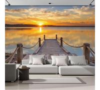Papel Pintado Panorámico 366An×256Al cm Muelle Extiende Hacia Lago Tejido No Tejido Papel Tapiz Fotomurales,Decoración Pared Tranquila Orilla Lago Murales Diseno Fotográfico Dormitorio Salón Marrón