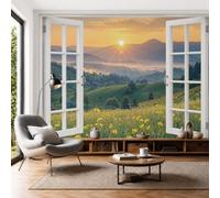 Papel Pintado Panorámico 3D 250x175cm Amanecer Sobre Campos Flores Silvestres Montañas Fotomurales Pared Seda Vista Ventana 3D Fotográfico XXL Decorativos Murales para Dormitorio Salón Estudio