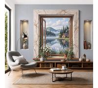 Papel Pintado Panorámico 3D 300x210cm Paisaje Lago Montaña Fotomurales Pared Seda Vista Simulada Desde Una Ventana Rural Fotográfico XXL Decorativos Murales para Dormitorio Salón Estudio, Gris Claro