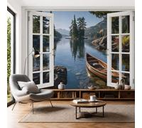 Papel Pintado Panorámico 3D 350x250cm Canoa Montaña Y Lago Fotomurales Pared Seda Paisaje Realista A Orillas Del Lago Fotográfico XXL Decorativos Murales para Dormitorio Salón Estudio, Verde Oscuro