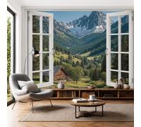 Papel Pintado Panorámico 3D 350x250cm Vista Desde La Ventana Alpina Fotomurales Pared Seda Realismo Rural Fotográfico XXL Decorativos Murales para Dormitorio Salón Estudio, Verde Oscuro