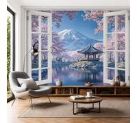 Papel Pintado Panorámico 3D 400x280cm Pabellón Los Cerezos En Flor Monte Fuji Fotomurales Pared Seda Paisajes Japoneses Fotográfico XXL Decorativos Murales para Dormitorio Salón Estudio, Rosa Claro