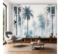 Papel Pintado Panorámico 3D 450x315cm Palmera Retro Fotomurales Pared Seda Paisaje Forestal De Ensueño Fotográfico XXL Decorativos Murales para Dormitorio Salón Estudio, Azul Del Lago