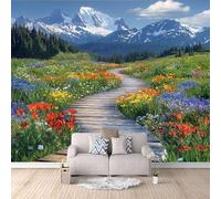 Papel Pintado Panorámico 3d Campos De Flores De Montaña Y Caminos De Tablones De Madera TNT Papel Tapiz Imágenes Naturales Decoración De la Pared Murales para Salón,Habitación para Niños, TV-150x105cm
