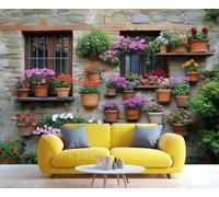 Papel pintado panorámico 3D de pared de piedra vieja de Italia, papel pintado personalizado con diseño de ciudad pastoral, calles, plantas en maceta, flores, papel pintado para dormitorio, sala de