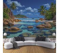 Papel Pintado Panorámico 3D de Seda, 300 x 210cm Roca Palmera Murales Fotográfico, Complejo Turístico Paisaje para Sala de Estar, Dormitorio Decoración