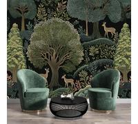 Papel Pintado Panorámico 3D de Seda, 450 x 315cm Paisaje Vintage Bosque Murales Fotográfico, Manada De Ciervos Arbustos para Sala de Estar, Dormitorio Decoración