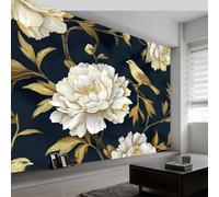 Papel pintado panorámico 3D dorado hojas flores pájaros, mural de pared elegancia lujosa para salón dormitorio habitación infantil - Decoración mural fotográfica 350An x 256Al cm