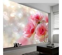 Papel pintado panorámico 3D flores rosa rosas rayas, mural de pared lujo romántico para salón dormitorio habitación infantil - Decoración mural fotográfica 500An x 280Al cm