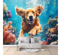 Papel Pintado Panorámico 3d Golden Retriever Nadando 3D TNT Papel Tapiz Océano Decoración De la Pared Murales para Salón, Dormitorio, Habitación para Niños, TV-350x256cm