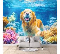 Papel Pintado Panorámico 3d Golden Retriever Nadando 3D TNT Papel Tapiz Océano Decoración De la Pared Murales para Salón, Dormitorio, Habitación para Niños, TV-350x256cm