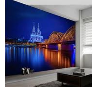 Papel pintado panorámico 3D lago puente vista nocturna, mural de pared paisaje urbano para salón dormitorio habitación infantil - Decoración mural fotográfica 200An x 140Al cm