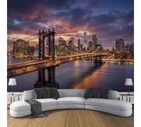 Papel Pintado Panorámico 3D Puente Colgante Vista Nocturna,200x140cm Horizonte Urbano Fotomural, Mural de Pared para Salón, Dormitorio, Estudio Decoración