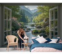 Papel Pintado Panorámico 3D Rocas Arroyo,350x256cm Vista Desde La Ventana Del Bosque Fotomural, Mural de Pared para Salón, Dormitorio, Estudio Decoración