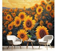 Papel Pintado Panorámico 3D Seda,200X140Cm Amarillo Verdoso Girasoles Al Atardecer Gran Pared,Paisaje De Pintura Al Óleo Para Sala De Estar,Habitación Infantil,Decoración Póster De Papel Pintado