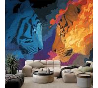 Papel pintado panorámico 3D seda 350 x 256 cm Dibujos animados Tigre Azul Tigre Amarillo Duelo, Multicolor Gran póster de pared para sala de estar, dormitorio infantil, decoración