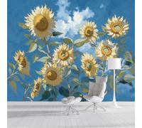 Papel Pintado Panorámico 3D Seda,450X300Cm Amarillo Verdoso Girasol Del Cielo Gran Pared,Pinturas Al Óleo Impresionistas Para Sala De Estar,Habitación Infantil,Decoración Póster De Papel Pintado
