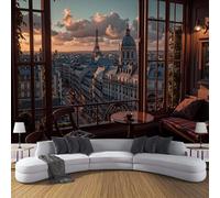 Papel Pintado Panorámico 3D Vista Desde La Ventana Calles De La Ciudad,450x315cm Horizonte De París Fotomural, Mural de Pared para Salón, Dormitorio, Estudio Decoración