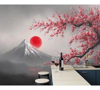 Papel Pintado Panorámico 400X280Cm Sol Monte Fuji Flores De Seda Papel Pintado Decoración De Pared Fotográfico Rojo Y Negro Paisaje Japonés Dormitorio Sala Tv Fondo Decorativos Murales