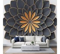 Papel pintado panorámico, 450 x 315 cm, Mandala negro oro Art Deco 3D | Pétalos Flores geométricas Papel pintado fotográfico Intejido, tapiz y póster de pared para sala de estar, dormitorio