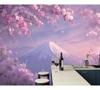 Papel Pintado Panorámico 450X315Cm Flores De Cerezo De Ensueño Monte Fuji De Seda Papel Pintado Decoración De Pared Fotográfico Rosa Paisaje Natural Dormitorio Sala Tv Fondo Decorativos Murales
