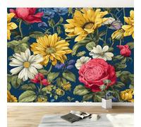 Papel Pintado Panorámico Acuarela Plantas Crisantemos, Mural Póster Blu Scuro No Tejido Premium 250x175 cm para Sala de Estar Dormitorio Dormitorio Infantil Decoración de Pared