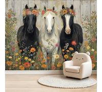 Papel pintado Panorámico Animal Rústico Caballos Flores Tablas de madera Papel pintado fotográfico de pared Intejido, póster para sala de estar, dormitorio, cabecera de cama, dormitorio y pasillo,