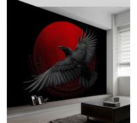 Papel pintado panorámico animales cuervos luna roja, foto mural moderna 400An x 280Al cm - Papel pintado decoración hogar arte abstracto para salón habitación habitación infantil oficina