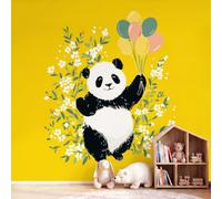 Papel pintado Panorámico Animales Dibujos Animados Floral Niño Panda Globos Amarillo Ocre, Póster de pared gigante Intejido, Decoración de pared para dormitorio, tocador, decoración Sala de los niños
