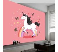 Papel Pintado Panorámico Animales Unicornio Arcoíris Corazón 200An x 140Al cm, Tapiz Mural Decoración Salón - Papel Pintado Diseño Moderno Dibujos Animados para Habitación Infantil Decoración Mural