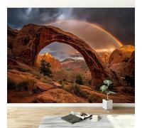 Papel Pintado Panorámico Arquitectura Montañas Puente Arcoíris, Foto Mural Papel Pintado Fotografía de Paisaje - Póster Cuadros 300An x 210Al cm para Salón Dormitorio Decoración Interior del Hogar