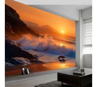 Papel pintado panorámico atardecer playa olas rocas, foto mural moderna 450An x 280Al cm - Papel pintado decoración hogar paisaje natural para salón habitación habitación infantil oficina