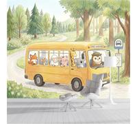 Papel Pintado Panorámico Autobús Escolar De Animales Del Bosque, Fotomural Moderna 3D 350x256cm Papel Pintado Decoración Hogar Lindo Estilo Dibujado A Mano Para Salón Dormitorio, Verde Claro