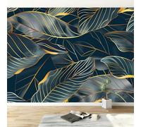 Papel pintado panorámico azul profundo 200An x 140Al cm, tapiz mural decoración salón - Papel pintado diseño moderno lujo hojas de plátano rayas para habitación infantil decoración mural