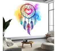 Papel pintado panorámico blanco pintado de pared, plumas de animales atrapa sueños dibujos animados no tejido de pared, 350 x 256 cm (largo x alto) foto mural para sala de estar, dormitorio infantil