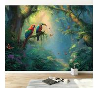 Papel pintado panorámico Bosque Animales Loros Árboles Mariposas, Foto mural papel pintado Tropical - Póster cuadros 400An x 280Al cm para salón dormitorio decoración interior del hogar