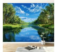 Papel Pintado Panorámico Bosque Sol Árboles Verdes Cielo Azul, Foto Mural Papel Pintado Paisaje - Póster Cuadros 200An x 140Al cm para Salón Dormitorio Decoración Interior del Hogar