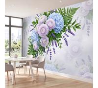 Papel pintado panorámico botánico de estilo francés - Decoración XXL de pared floral hortensias lavanda, hojas de helecho - Papel pintado no tejido para dormitorio, sala de estar oficina - Foto de