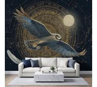 Papel pintado Panorámico Búho Plumas Doradas 400 x 280 cm Mural fotográfico | Fantástico misterioso animal de pared pegatinas no tejidas para cocina, dormitorio, sala sala de estar