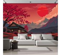 Papel Pintado Panorámico Cabañas Junto Al Río Con Cerezos En Flor, Papel Tapiz Seda Paisaje Retro Japonés Decoración De La Pared Murales Para Dormitorio Habitación 200x140cm
