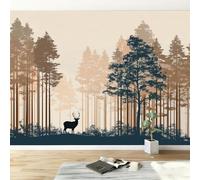 Papel pintado panorámico campo bosque animales ciervo, papel pintado no tejido suroeste para dormitorio salón comedor - Decoración mural moderna fondo fotográfico artístico 300An x 210Al cm