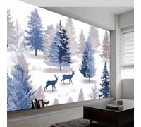 Papel Pintado Panorámico Campo Nevado Bosque Animales Ciervos, Foto Mural Moderna 350An x 256Al cm - Papel Pintado Decoración Hogar Pinos en Acuarela para Salón Habitación Habitación Infantil Oficina