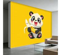 Papel pintado panorámico cara sonriente panda banana tapiz mural fotográfico 3D 500 x 280 cm póster de pared, dibujos animados Animados, papel pintado no tejido para sala de estar, dormitorio infantil