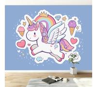Papel Pintado Panorámico Cartoon Adorable 400An x 280Al cm, Foto Mural Papel Pintado Unicornio Arcoíris Estrellas - Póster Mural y Cuadros para Salón Dormitorio Decoración Interior del Hogar