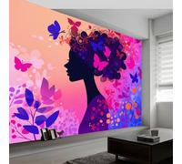 Papel pintado panorámico chicas mariposas flores, papel pintado no tejido estilo onírico para dormitorio salón comedor - Decoración mural moderna fondo fotográfico artístico 400An x 280Al cm