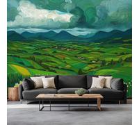 Papel pintado Panorámico Colinas Pueblo Narcisos 450 x 315 cm Mural mural pintura al óleo de campo no tejido de pared moderna - Para sala de estar dormitorio infantil restaurante papel pintado no