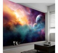 Papel pintado panorámico cuerpos celestes espacio planetas nubes, Póster mural papel decorativo de pared estilo onírico 450An x 280Al cm para salón dormitorio habitación infantil restaurante